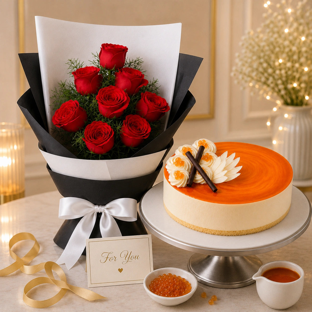 8 Red Roses With Eggless Butterscotch Cake