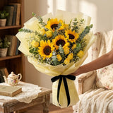 4 Sunflowers & 10 Yellow Roses Bouquet with Eucalyptus in Yellow Wrap