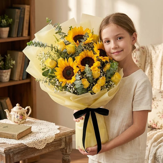 4 Sunflowers & 10 Yellow Roses Bouquet with Eucalyptus in Yellow Wrap