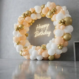Golden Ring Balloon Arch with Neon Birthday Sign