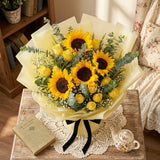 4 Sunflowers & 10 Yellow Roses Bouquet with Eucalyptus in Yellow Wrap