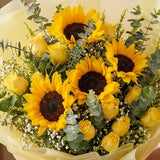 4 Sunflowers & 10 Yellow Roses Bouquet with Eucalyptus in Yellow Wrap