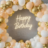 Golden Ring Balloon Arch with Neon Birthday Sign