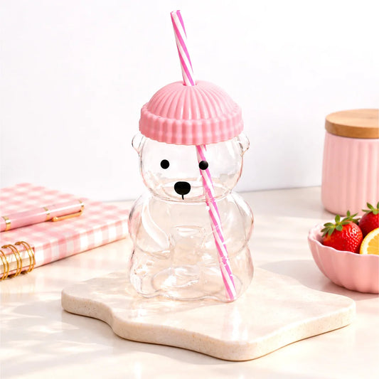 Bear Glass Sipper with Pink Lid & Straw