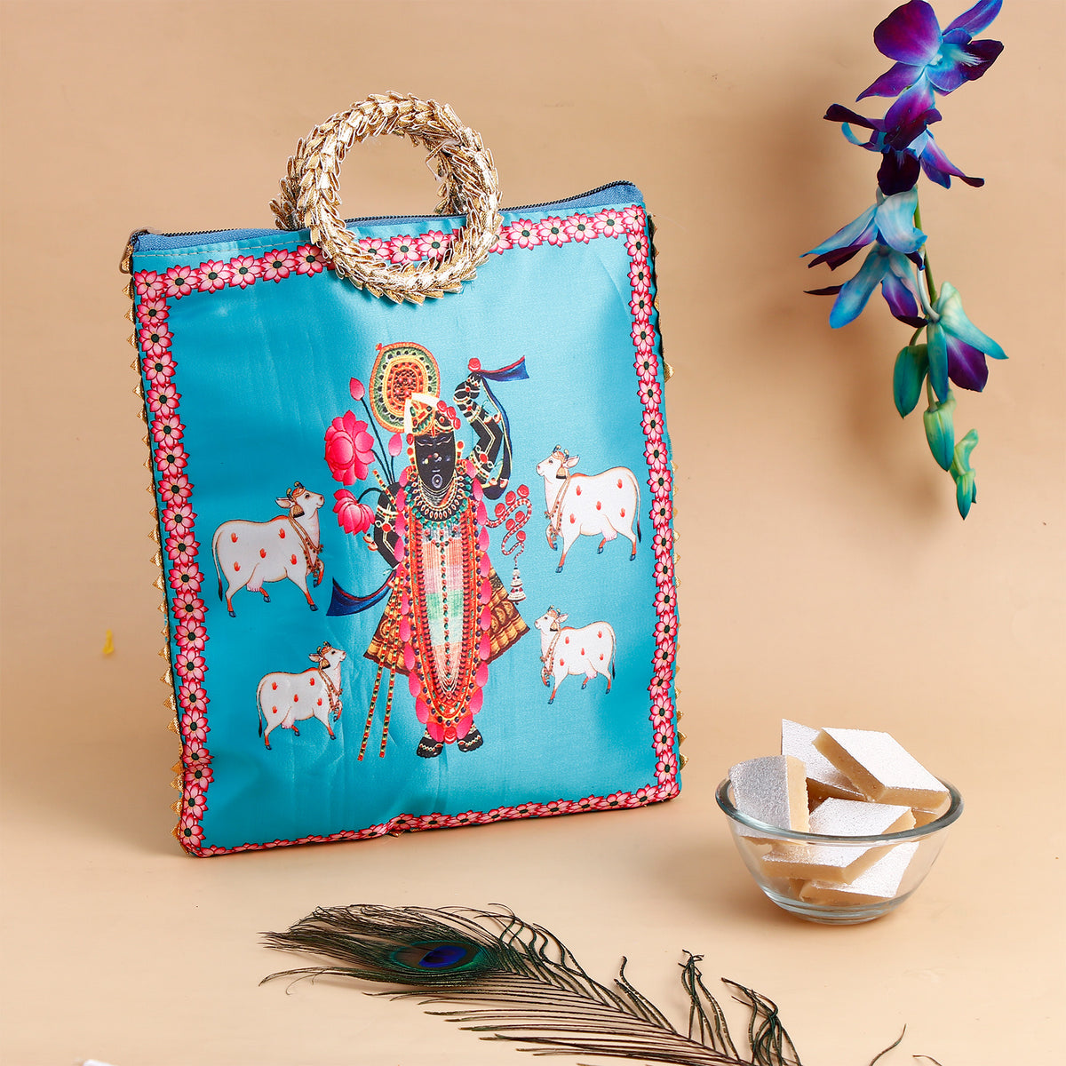 Shree Narayan Ethnic Handcrafted  Zip Up Fabric Bag With Kaju Barfi - 250 GM