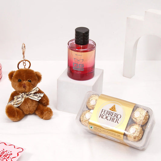 Dark Brown Teddy Bear Keychain With Perfume and Ferrero Rocher