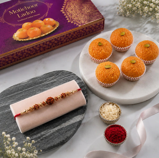 Traditional Rudraksh Rakhi With Motichoor Ladoo