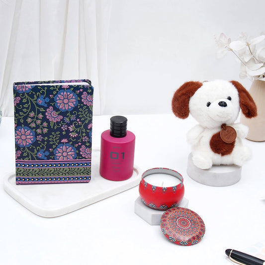 Navy Floral Diary with 01 Women Perfume, Tin Candle and Puppy Keychain