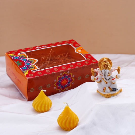 Ganesha Idol with Set of 2 Modak Diyas - Yellow