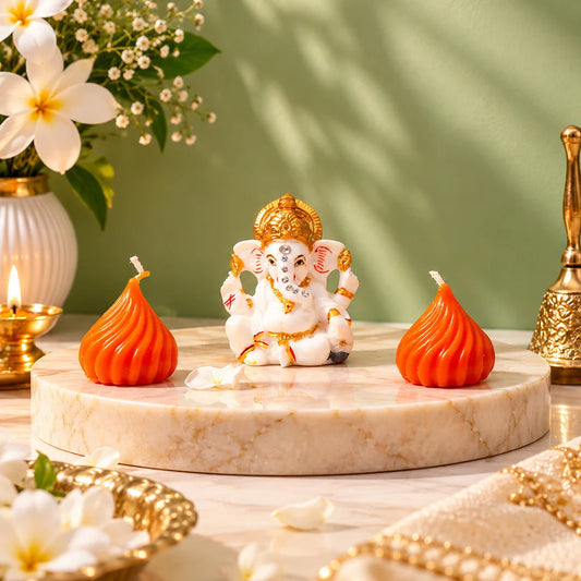 Ganesha Idol with Set of 2 Modak Diyas - Orange