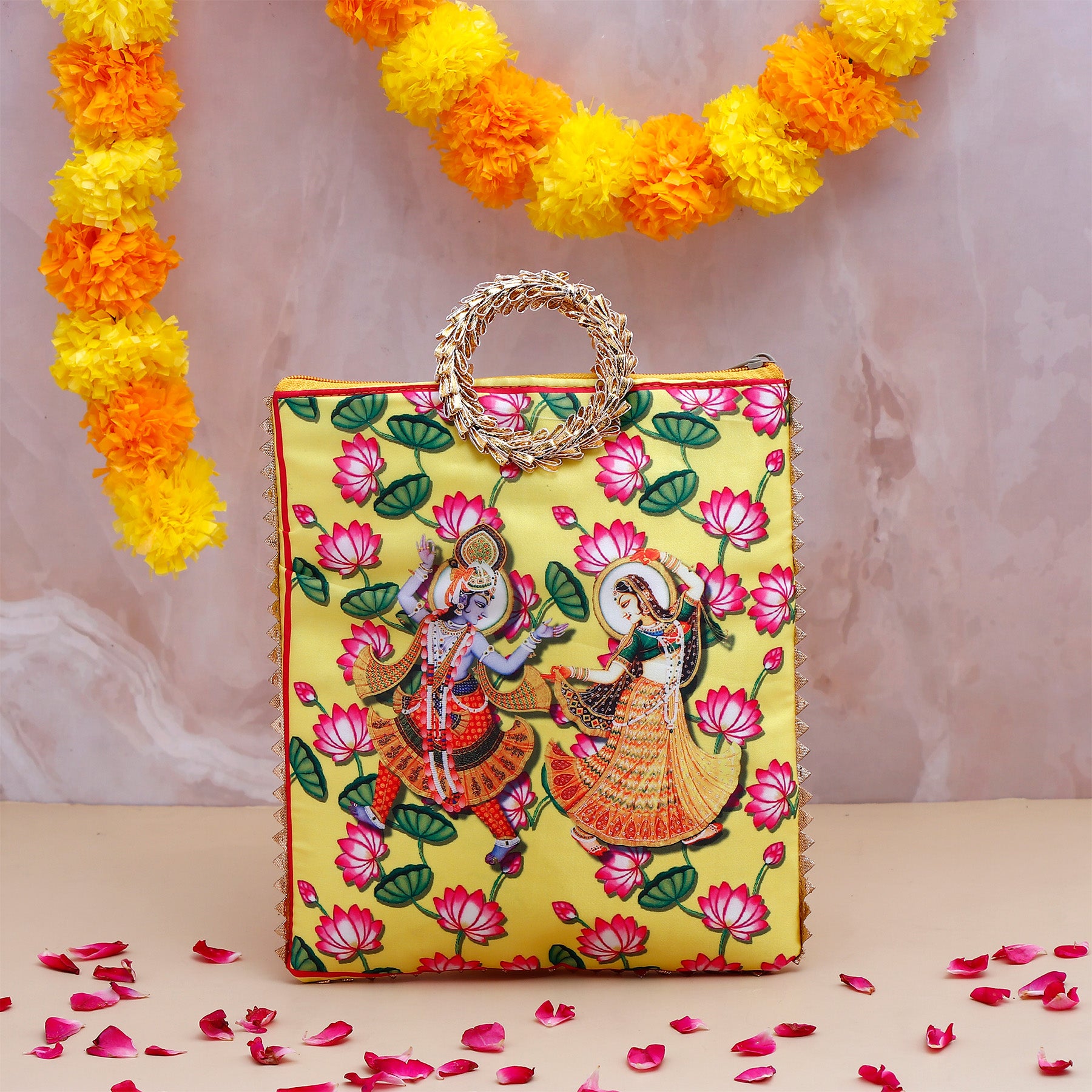 Shree Lakshmi Narayan Ethnic Handcrafted Zip Up Fabric Bag With Chocolate