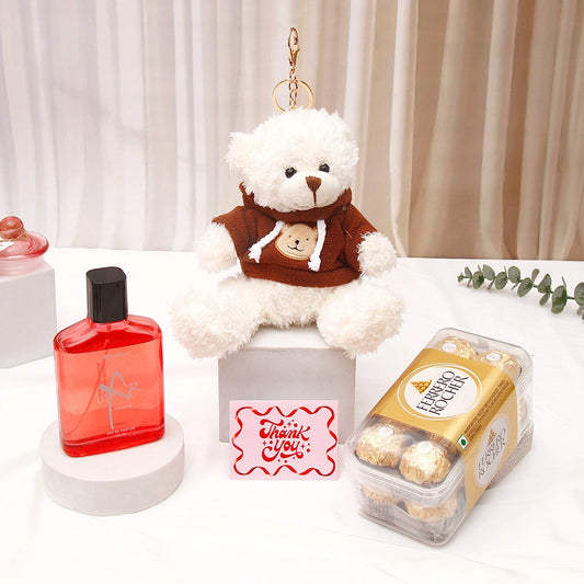 White Hoddie Teddy Bear Keychain With Perfume and Ferrero Rocher