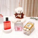 White Hoddie Teddy Bear Keychain With Perfume and Ferrero Rocher