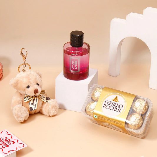 Light Brown Teddy Bear Keychain With Perfume and Ferrero Rocher