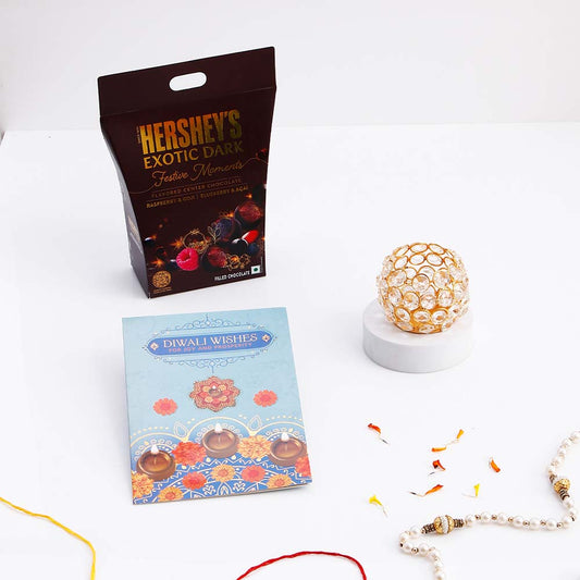 Delightful Hersheys Chocolate and Diya with Greeting Card Gift Set