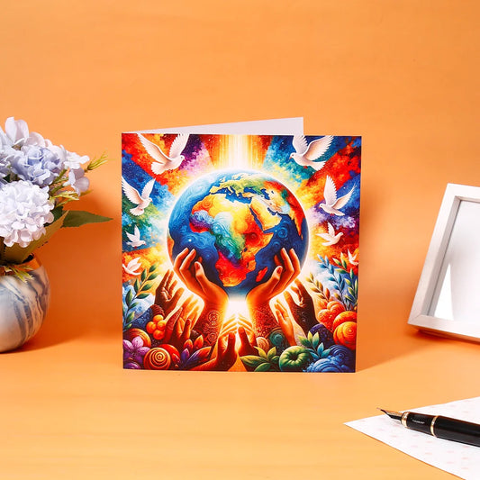 Pack of 50 Colourful Globe and Doves Greeting Card