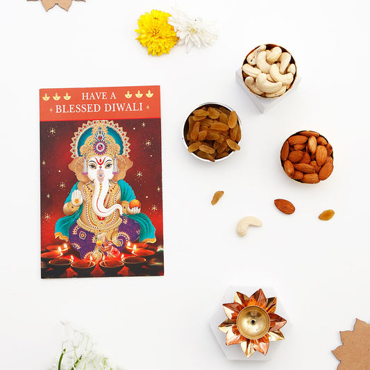Shree Ganesha Diwali Greeting Card with Diya and Dry Fruits