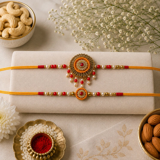 Designer Beads Bhaiya Bhabhi Rakhi Set With Dry Fruits | Vibrant Yellow Pink Rakhi Gift
