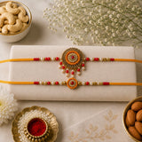 Designer Beads Bhaiya Bhabhi Rakhi Set With Dry Fruits | Vibrant Yellow Pink Rakhi Gift