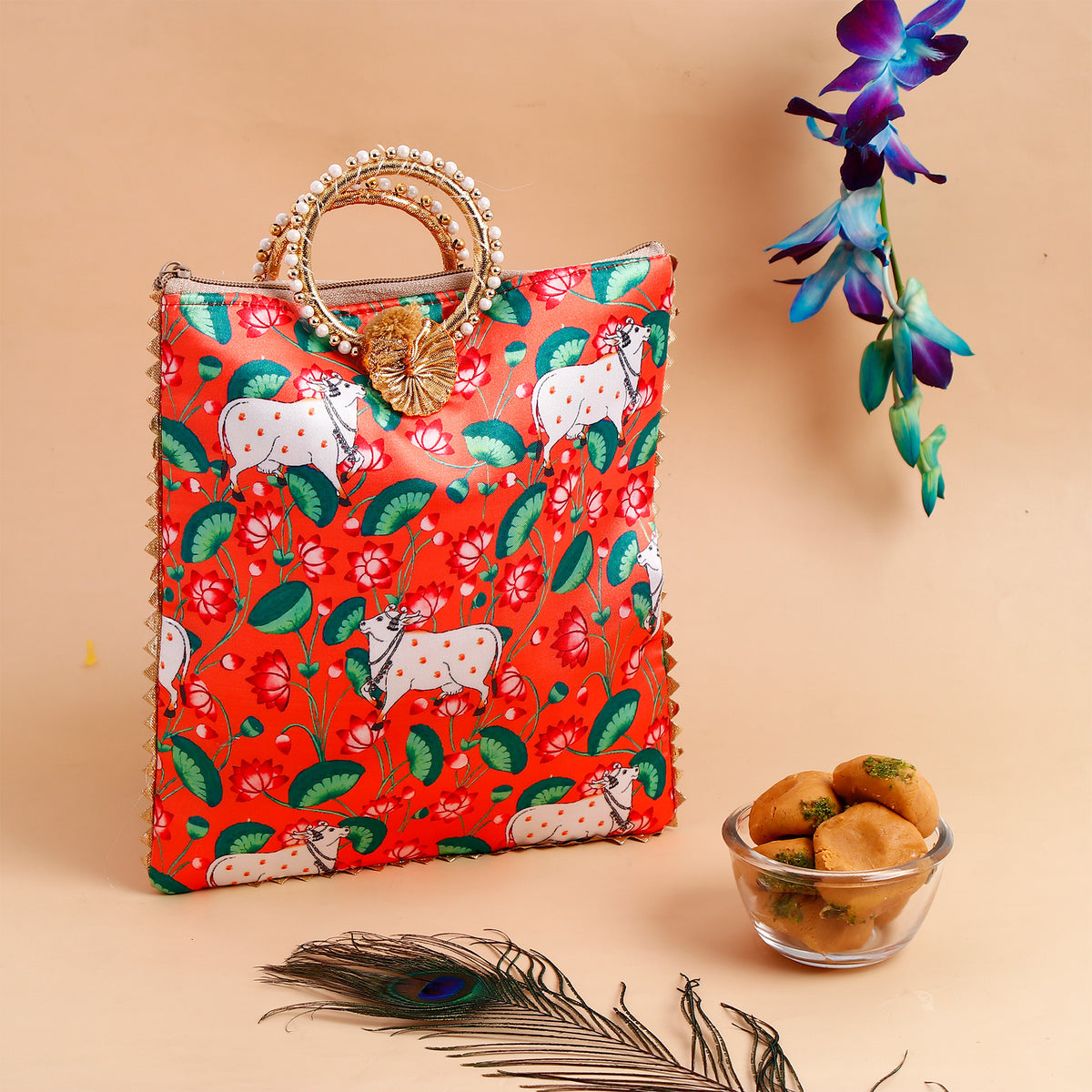 Kamdhenu Cow Ethnic Handcrafted Zip Up Fabric Bag With Lal Peda - 250 GM