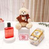 Beige Hoddie Teddy Bear Keychain With Perfume and Ferrero Rocher