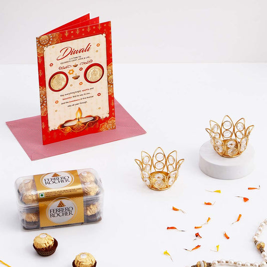 Delightful Ferrero Chocolate and Diya with Greeting Card Gift Set