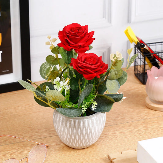 Artificial Red Rose Bouquet in Ceramic Pot