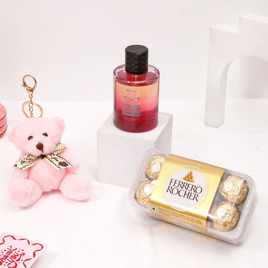 Pink Teddy Bear Keychain With Perfume and Ferrero Rocher