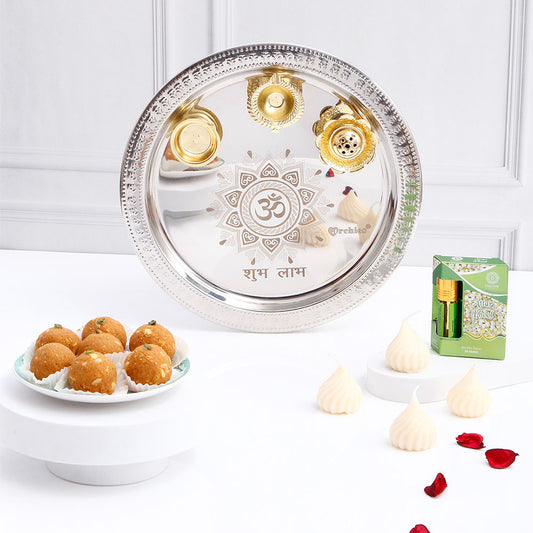 Silver Pooja Thali Set with Besan Ladoo and Attar