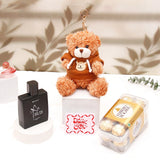 Dark Brown Hoddie Teddy Bear Keychain With Perfume and Ferrero Rocher