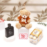 Light Brown Hoddie Teddy Bear Keychain With Perfume and Ferrero Rocher