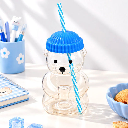 Bear Glass Sipper with Blue Lid & Straw