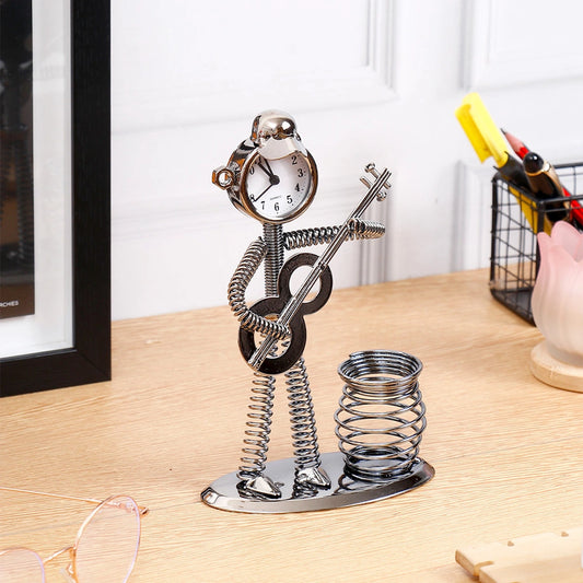 Metal Guitar Player Robot Clock with Pen Holder
