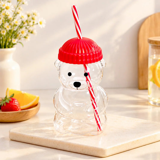 Bear Glass Sipper with Red Lid & Straw