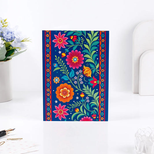 Pack of 50 Folk Floral Blue Greeting Card