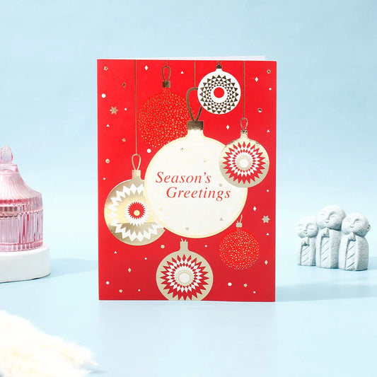 Pack of 50 Season's Greetings Red Baubles Greeting Card