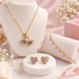 Gold-Toned Swan Necklace, Charm Bracelet and Heart Earrings Set