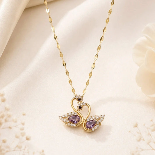 Gold-Toned Swan Necklace, Charm Bracelet and Heart Earrings Set