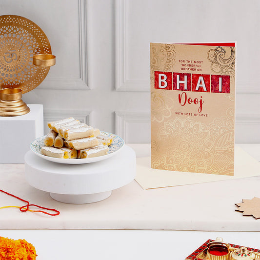 Wonderful Brother Bhai Dooj Greeting Card with Kaju Rolls