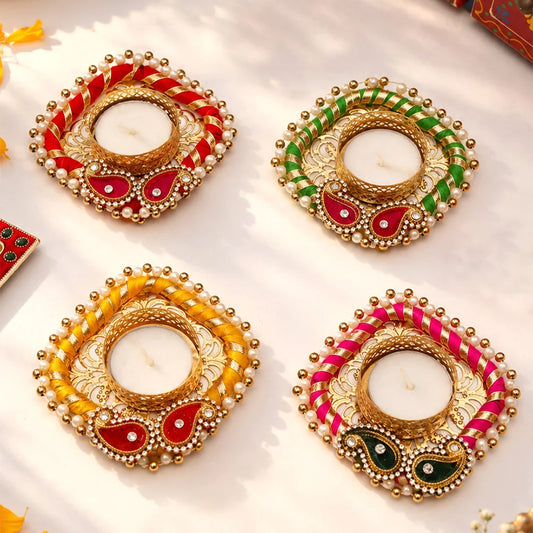 Handmade Pearl Emblished Diya Set of 4