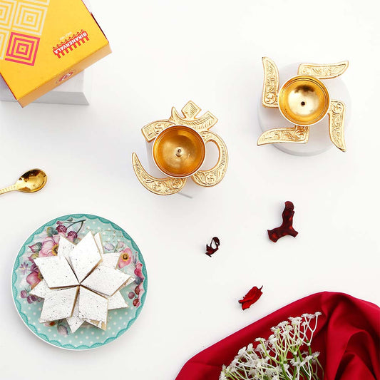 OM and Swastik Diya with Kaju Barfi
