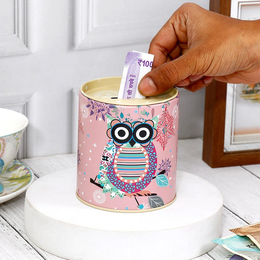 Boho Owl Pink Ornate Tin Money Box
