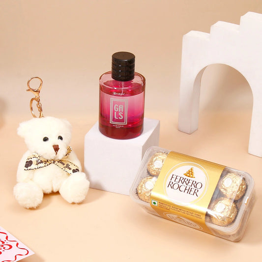 White Teddy Bear Keychain With Perfume and Ferrero Rocher