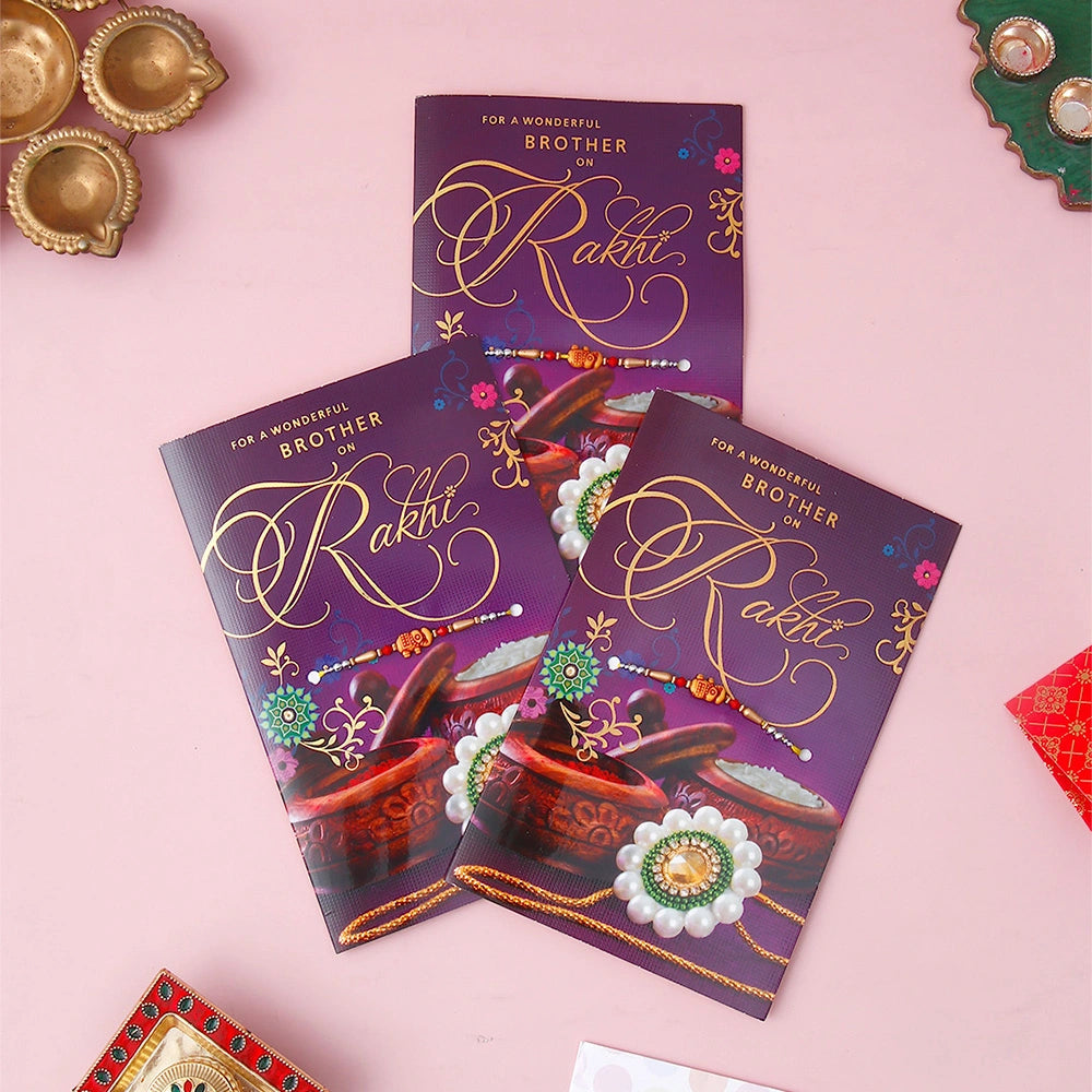 Pack Of 3 For Wonderful Brother Rakhi with Greeting Card With Envelope