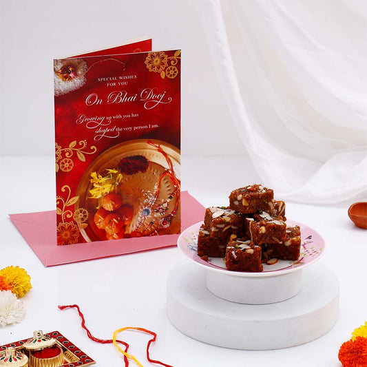 Special Wishes Bhai Dooj Greeting Card with Dodha Barfi