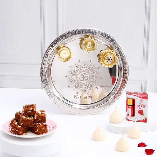 Silver Pooja Thali Set with Dhoda Barfi and Attar