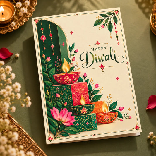 Personalized Diwali Greeting Card with Green Arch, Diyas & Lotus