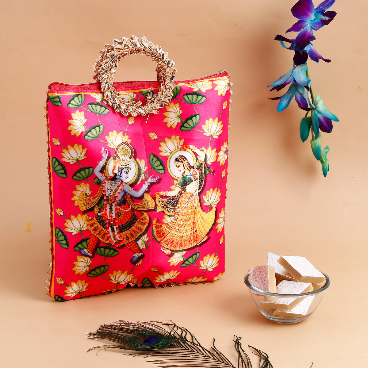 Shree Lakshmi Narayan Ethnic Handcrafted Zip Up Fabric Bag With Kaju Barfi - 250 GM
