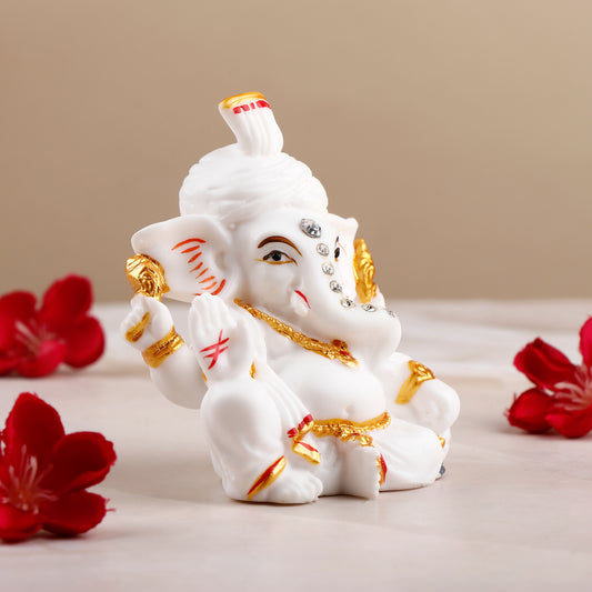 Sacred Shree Ganesha White and Golden Table Top Idol