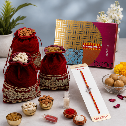 Archies Silver Shiva Trishul Rakhi with Besan Ladoo and Dry Fruits